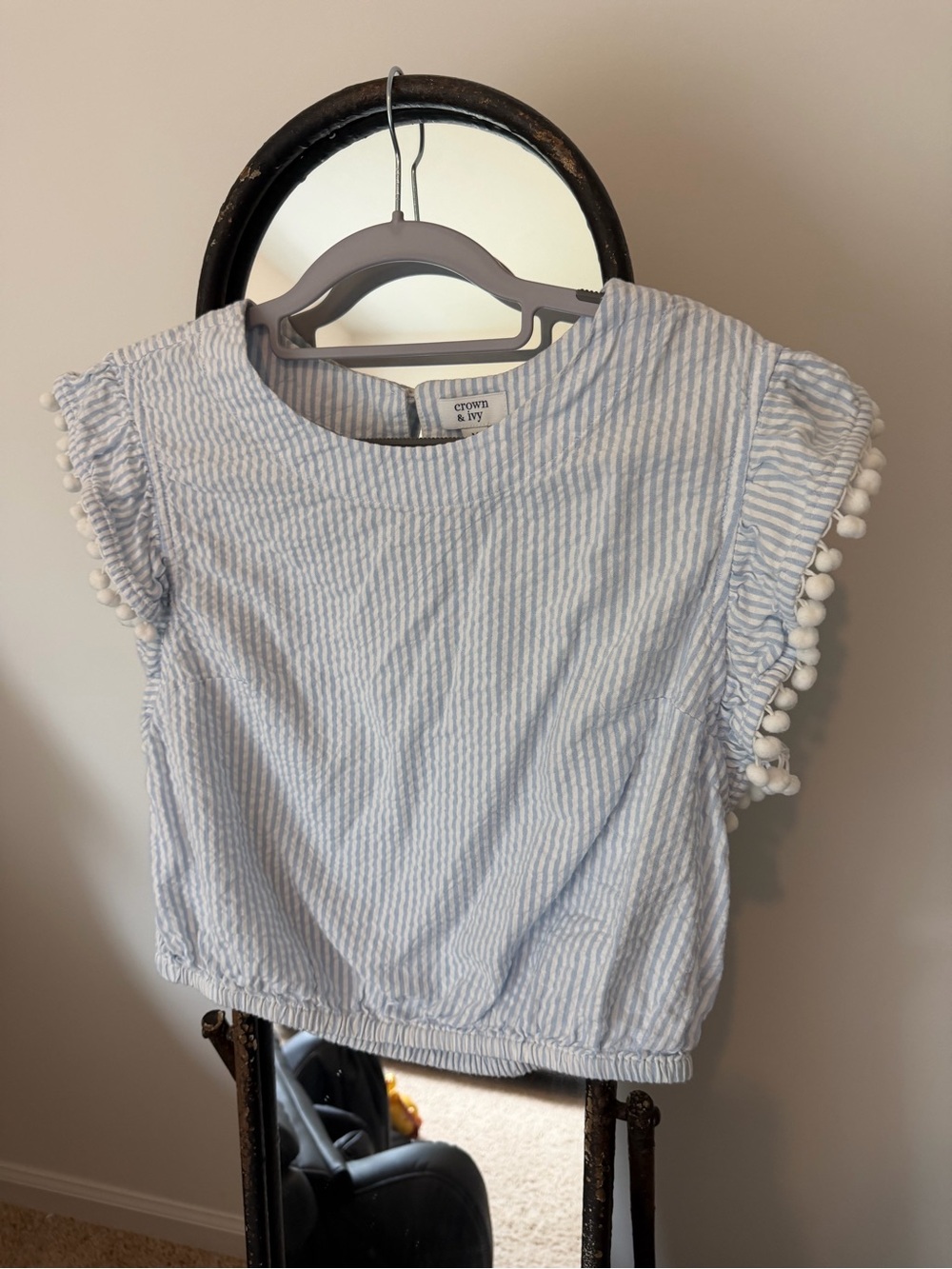 croBlue and White Striped Pom Trim Short Sleeve Top